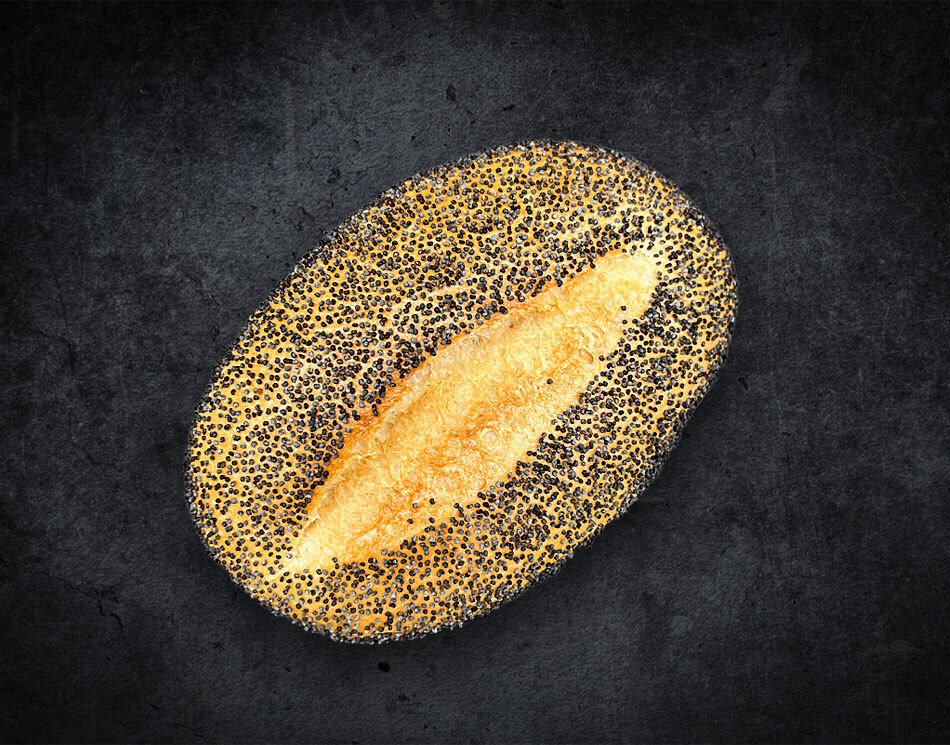 Ein Mohn-Brötchen mit vielen Mohn-Körnern. Es ist braun und rund.