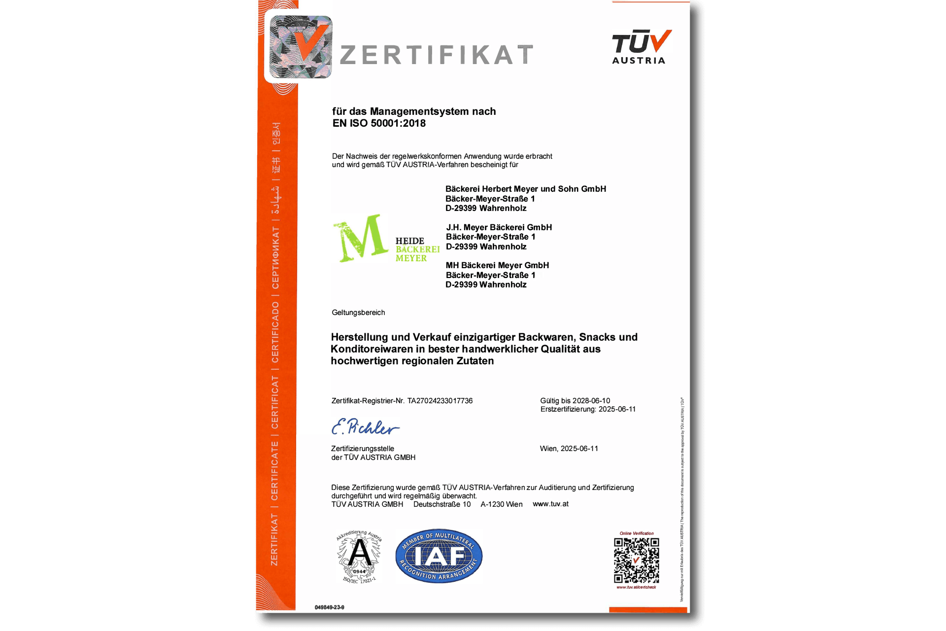 Ein Zertifikat von TÜV Austria. Es ist für die Bäckerei Meyer.
